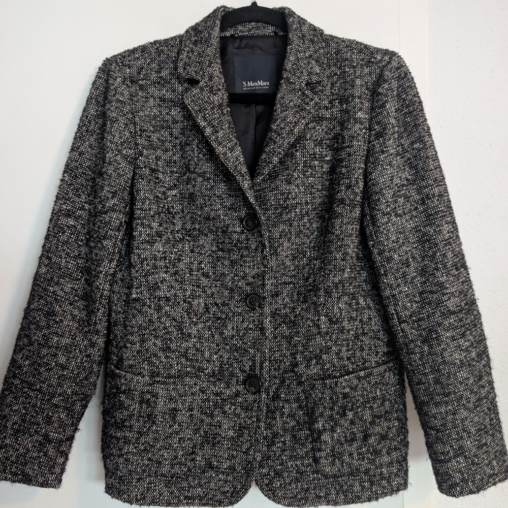 Max Mara Black And WhiteTweed Wool Blazer Jacket Sz 8